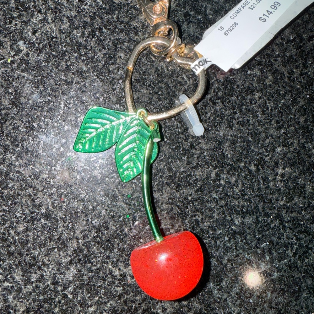 NWT Betsey Johnson Cherry Keychain with Green Leaves